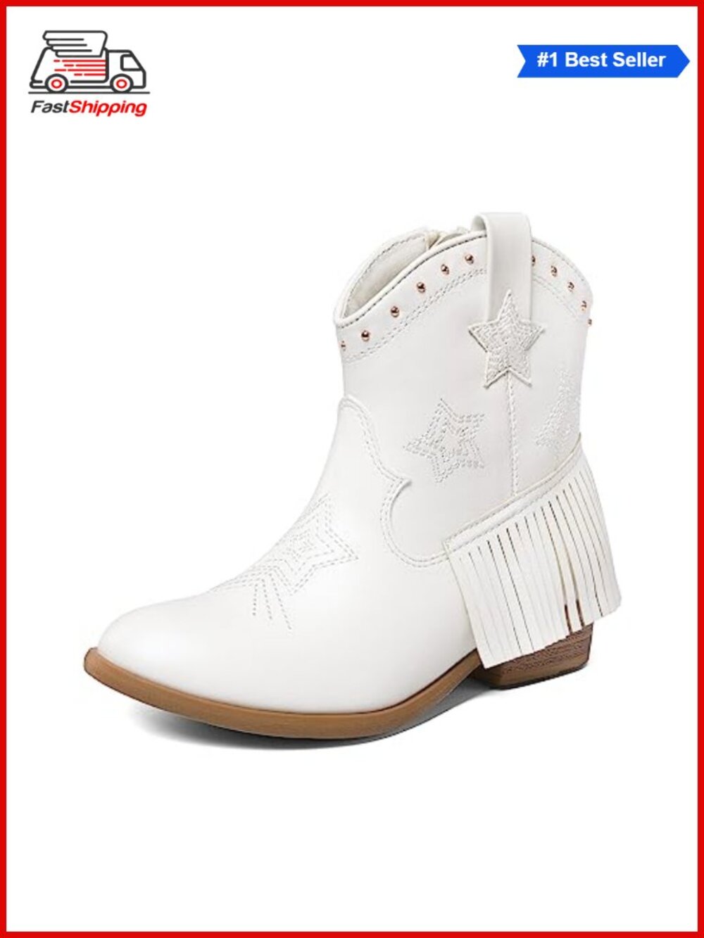 ✨ Girls Faux Leather Cowboy Western Boots Star Embroidery Tassel Ankle Bootie